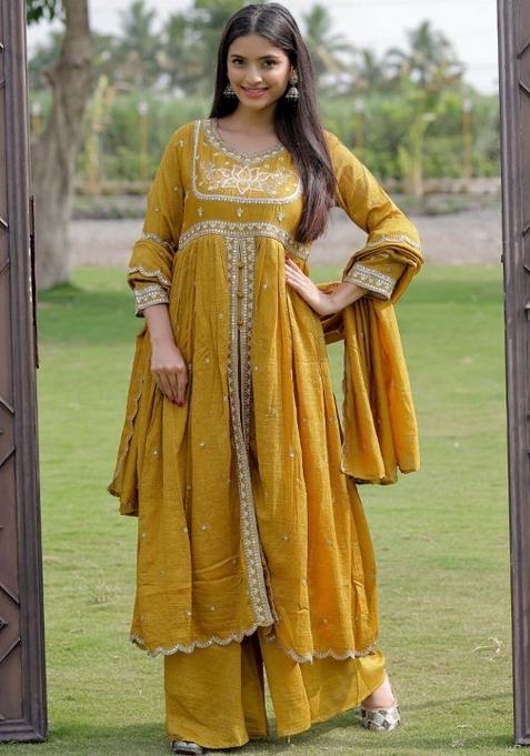 Mustard Embroidery Silk Kurta Set