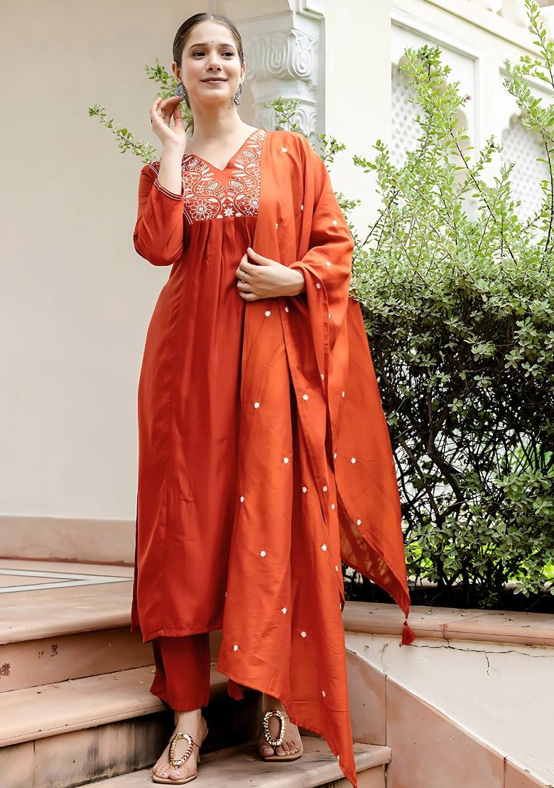 Rust Embroidery Viscose Kurta Set - Indya
