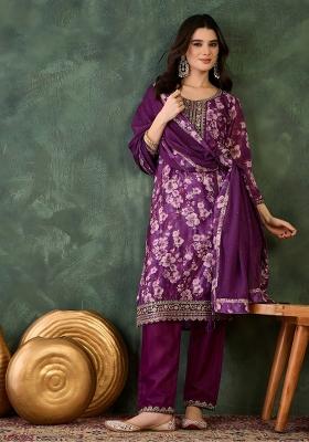 Wine Embroidery Silk Kurta Set