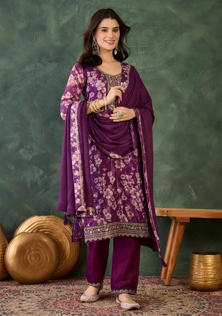Wine Embroidery Silk Kurta Set - Indya