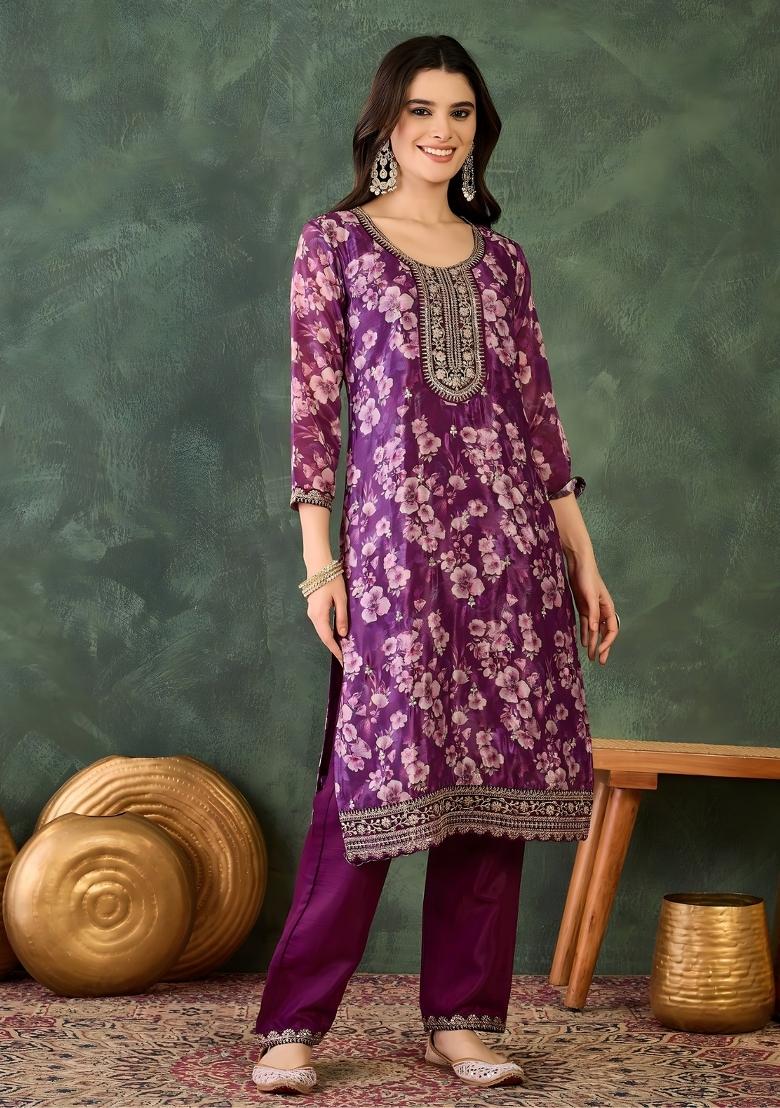 Wine Embroidery Silk Kurta Set - Indya