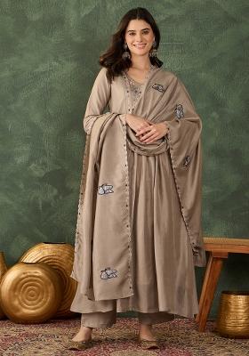 Brown Embroidery Silk Kurta Set