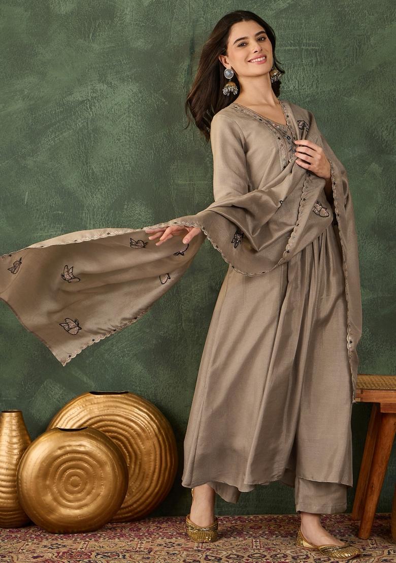 Brown Embroidery Silk Kurta Set - Indya