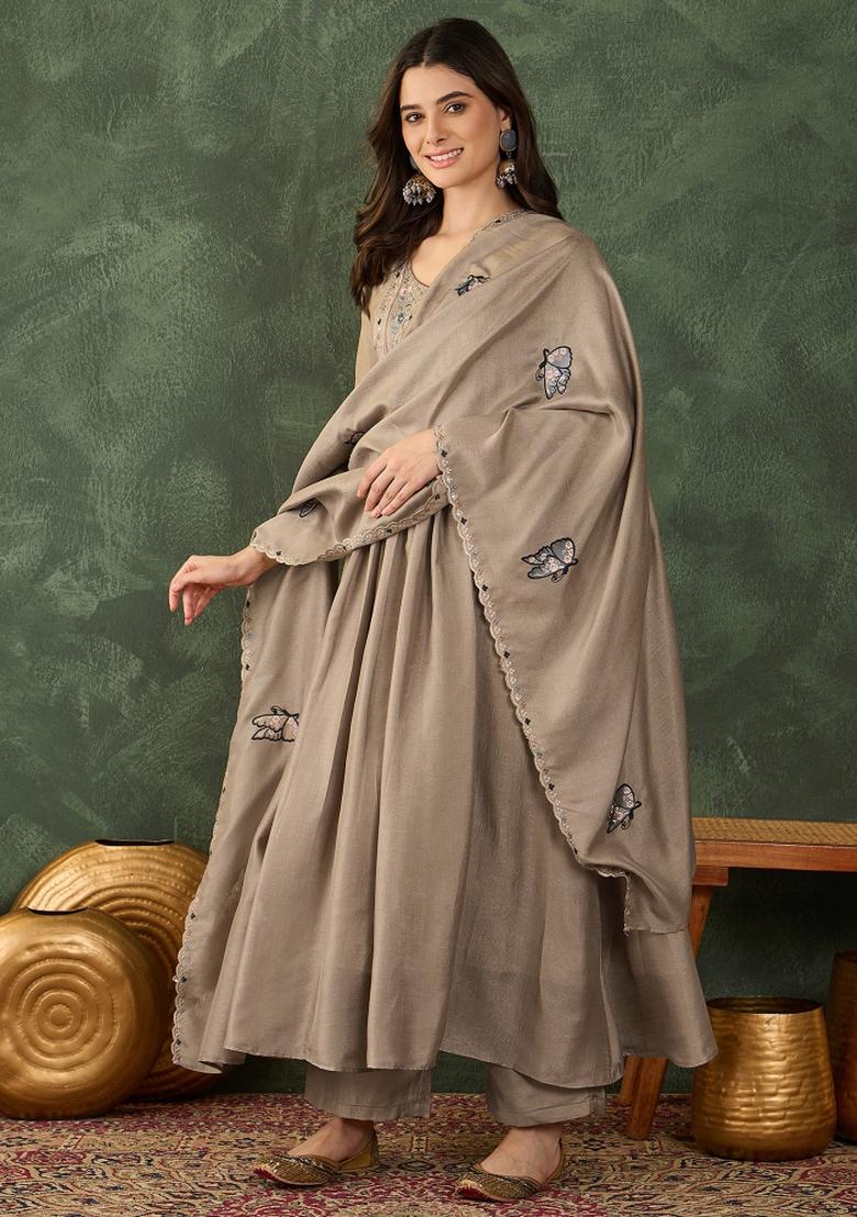 Brown Embroidery Silk Kurta Set - Indya