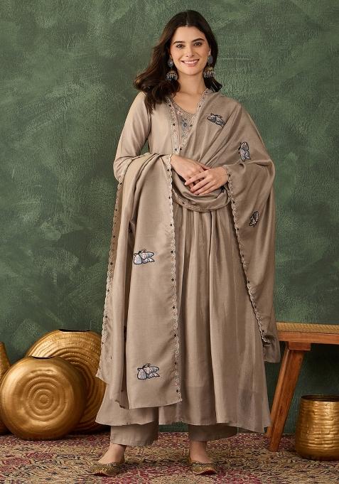 Brown Embroidery Silk Kurta Set