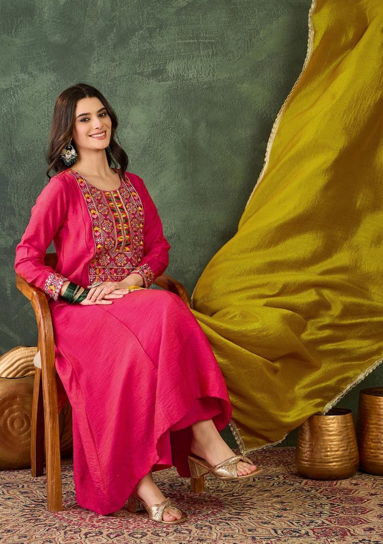 Red Embroidery Silk Kurta Set - Indya