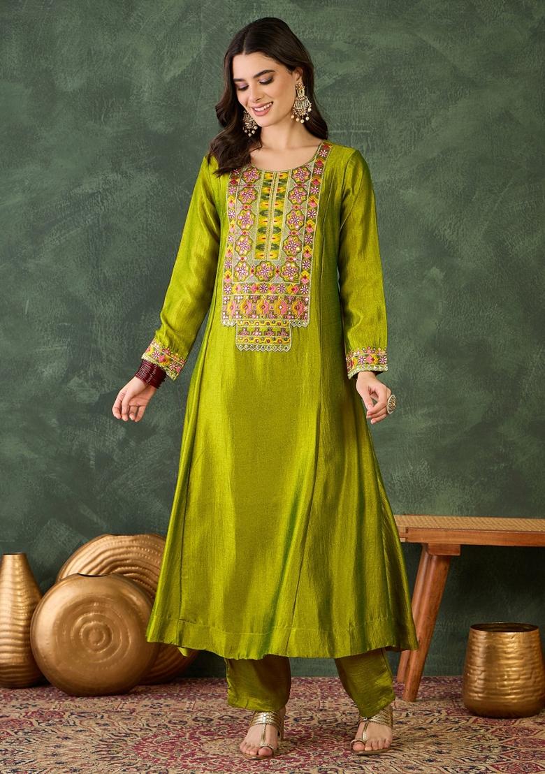 Green Embroidery Silk Kurta Set - Indya
