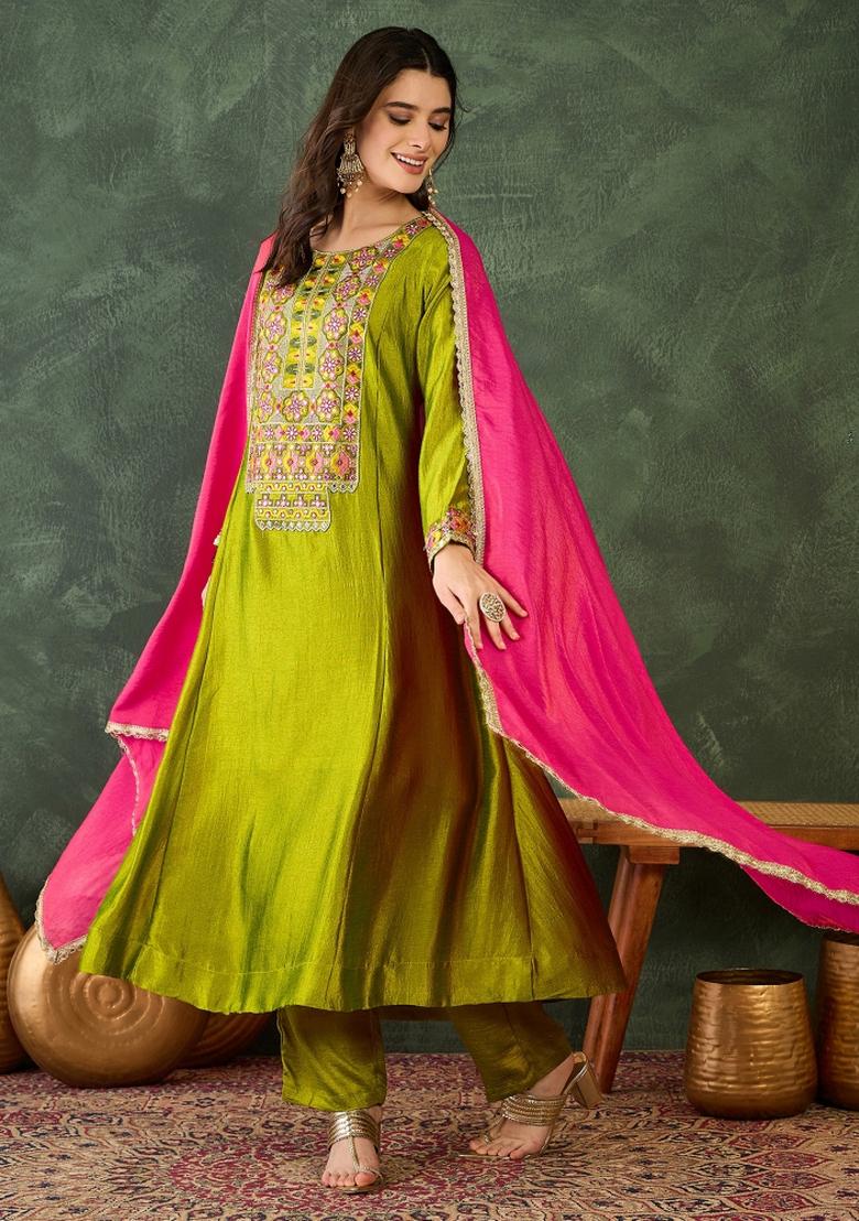 Green Embroidery Silk Kurta Set - Indya