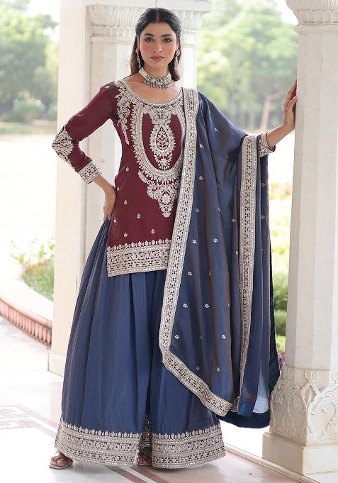 Maroon Sequence Silk Kurta Set