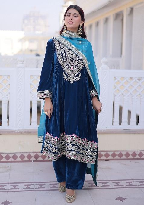 Green Sequence Velvet Kurta Set