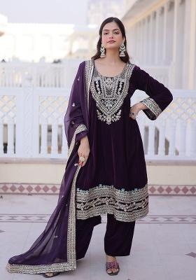 Wine Sequence Velvet Kurta Set