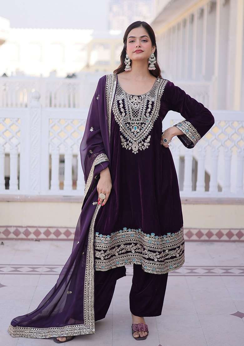 Wine Embroidered Velvet Straight Kurta Set - Indya