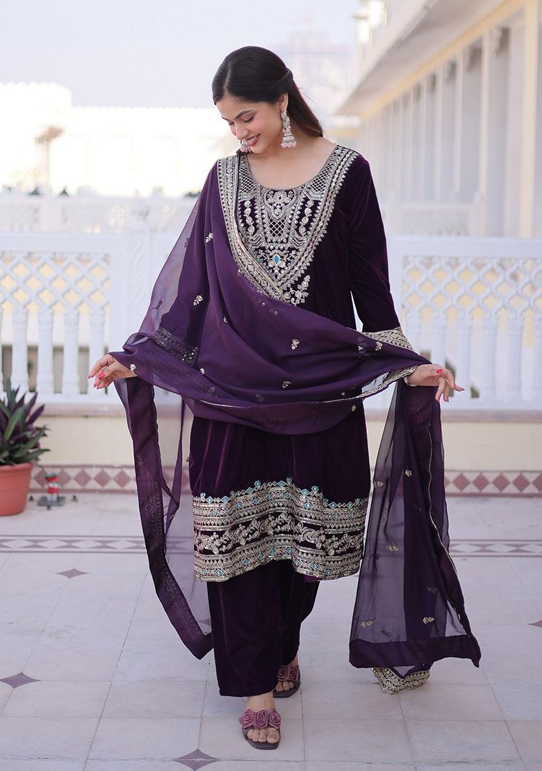 Wine Sequence Velvet Kurta Set - Indya