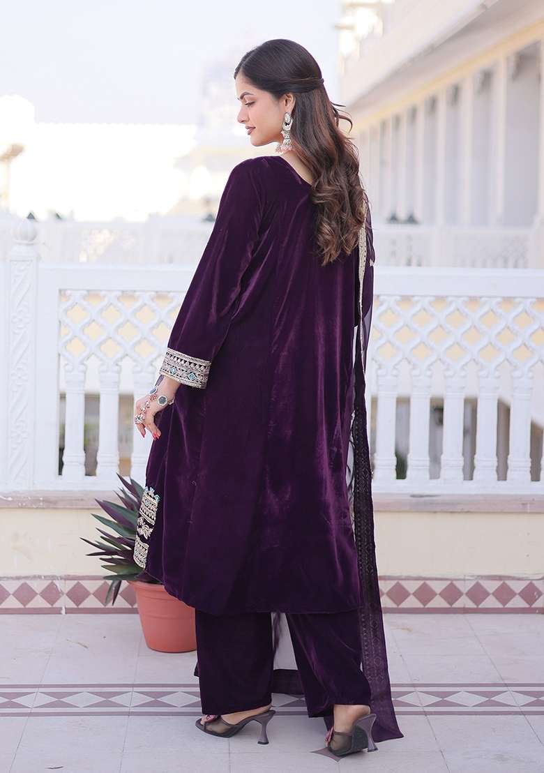 Wine Embroidered Velvet Straight Kurta Set - Indya