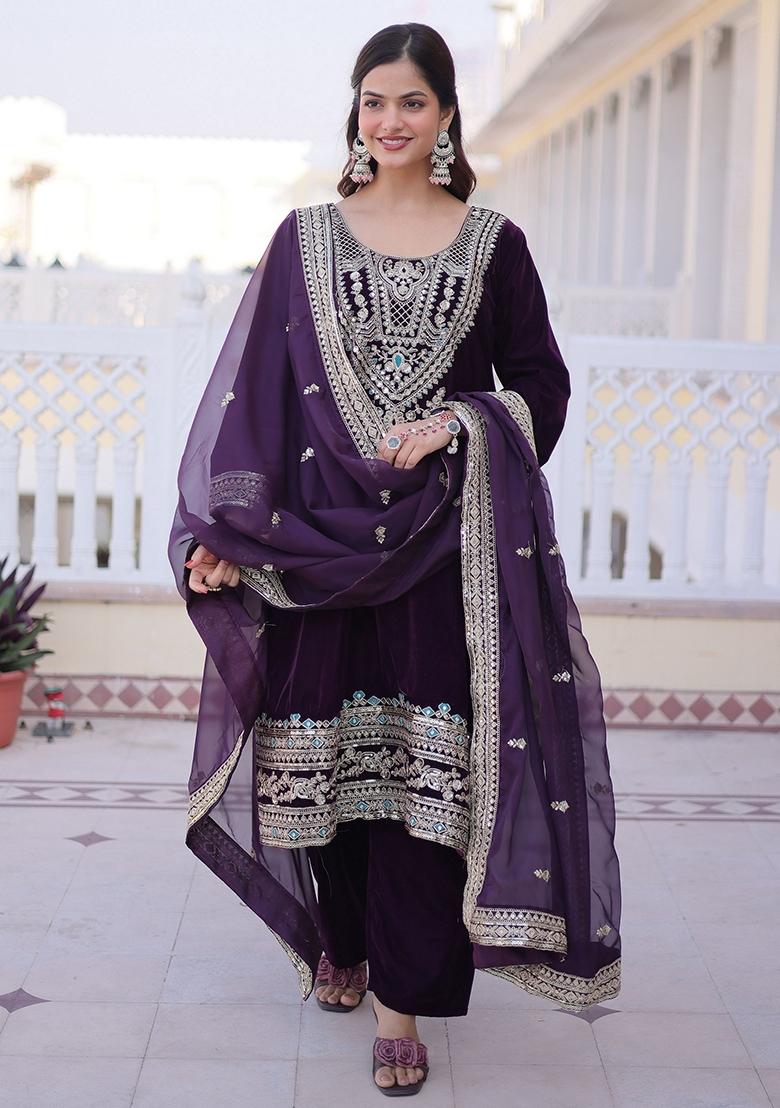 Wine Sequence Velvet Kurta Set - Indya