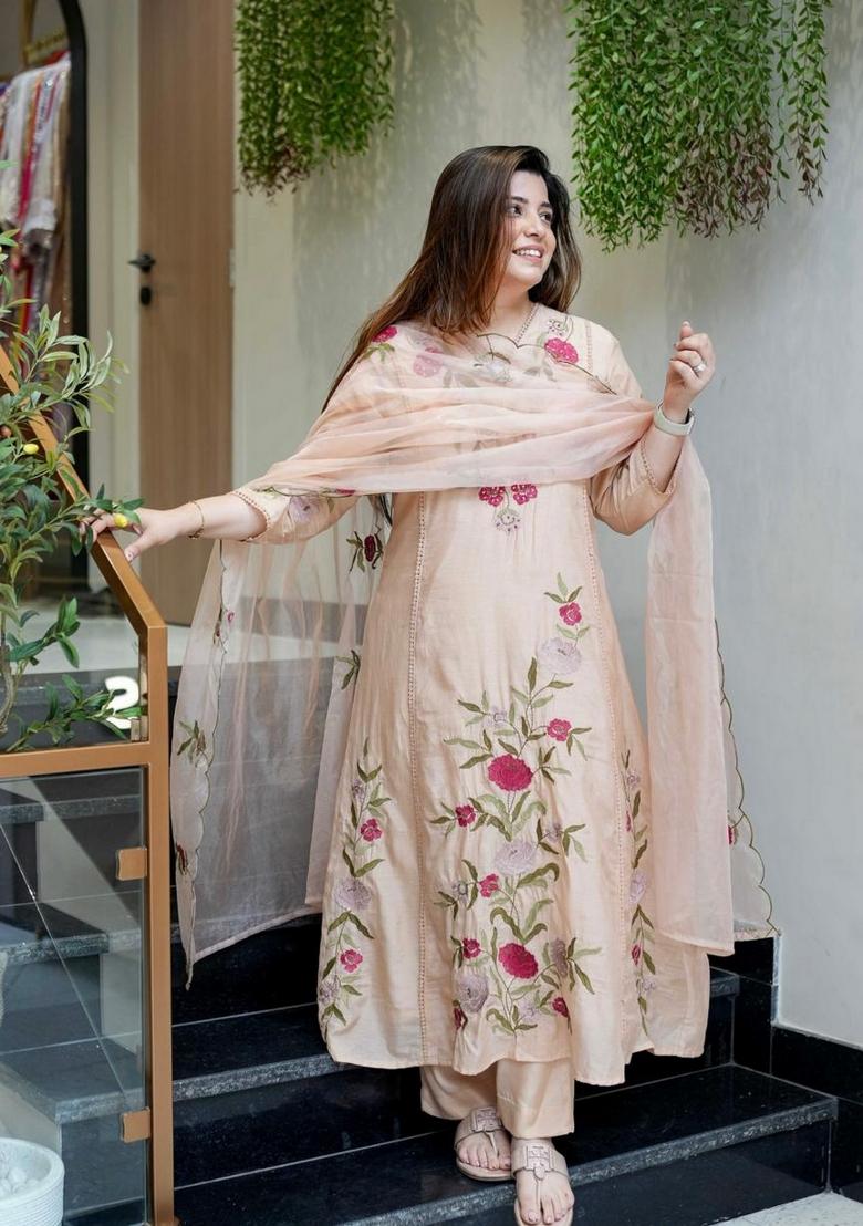 Cream Sequence Chanderi Kurta Set - Indya