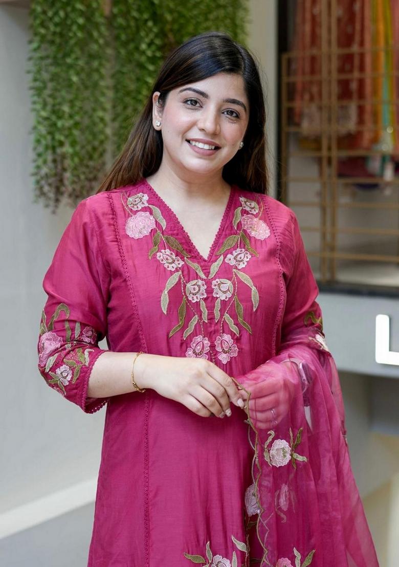 Pink Sequence Chanderi Kurta Set - Indya