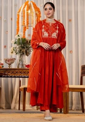 Orange Sequence Chanderi Kurta Set
