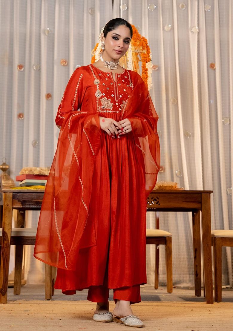 Orange Sequence Chanderi Kurta Set - Indya