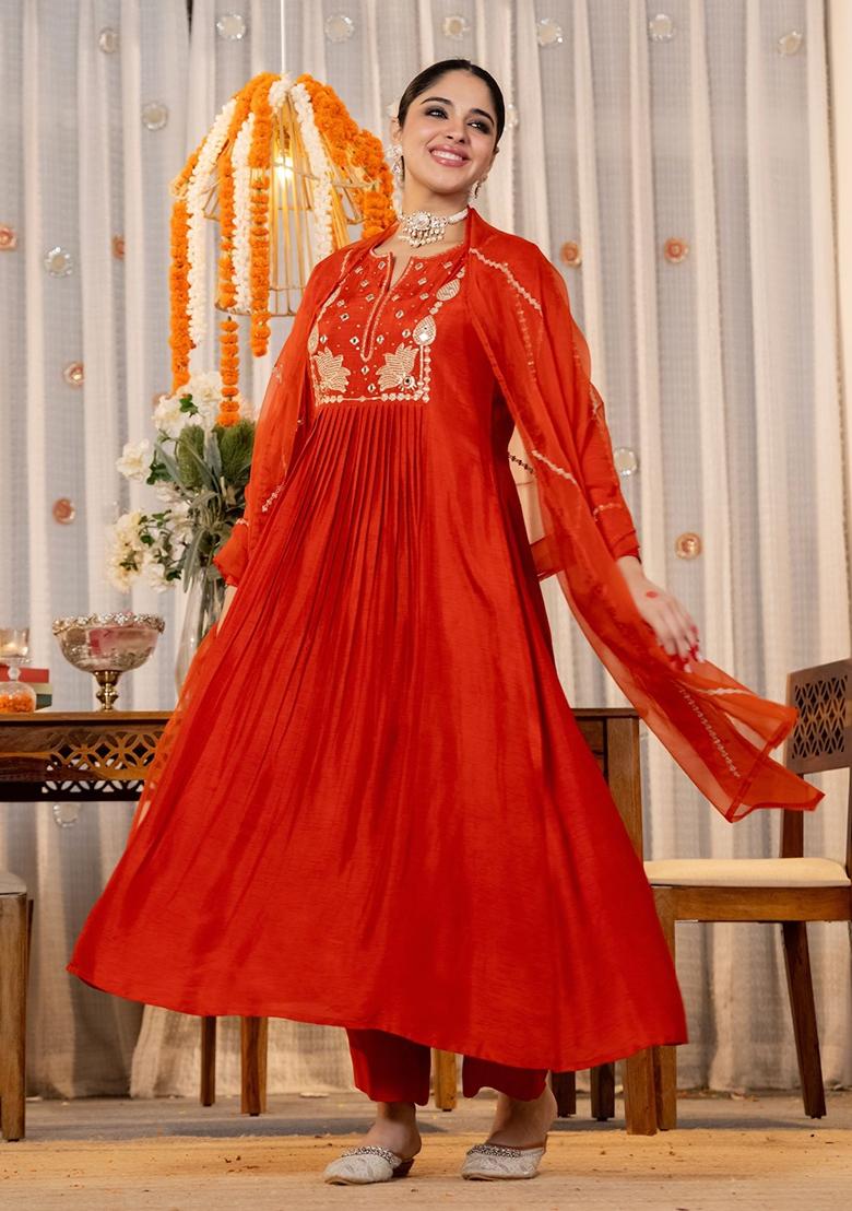 Orange Sequence Chanderi Kurta Set - Indya