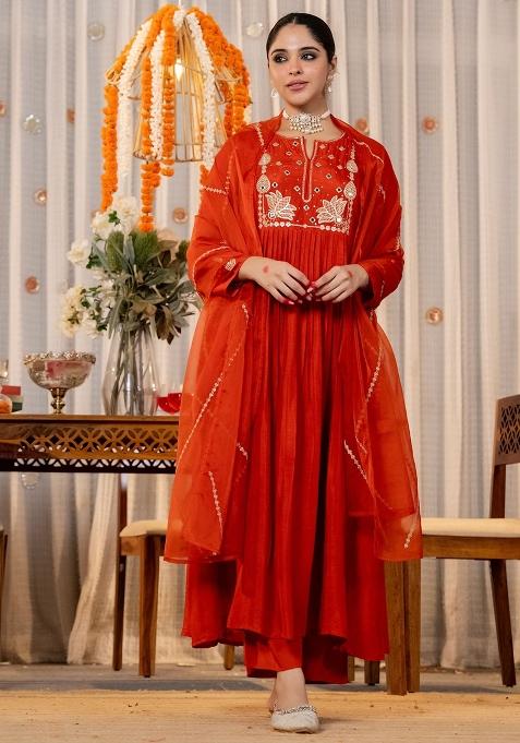 Orange Sequence Chanderi Kurta Set