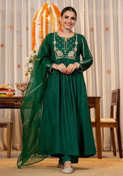Green Sequence Chanderi Kurta Set