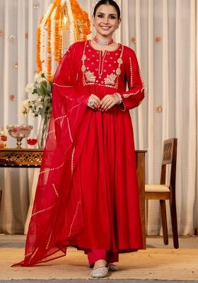 Red Sequence Chanderi Kurta Set