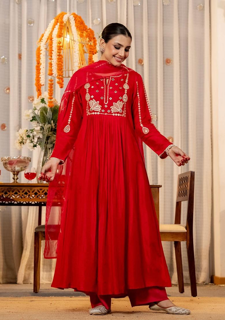 Red Sequence Chanderi Kurta Set - Indya