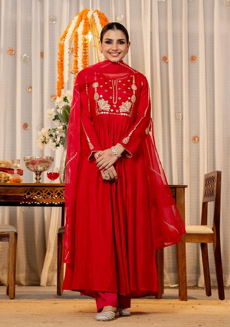 Red Sequence Chanderi Kurta Set - Indya