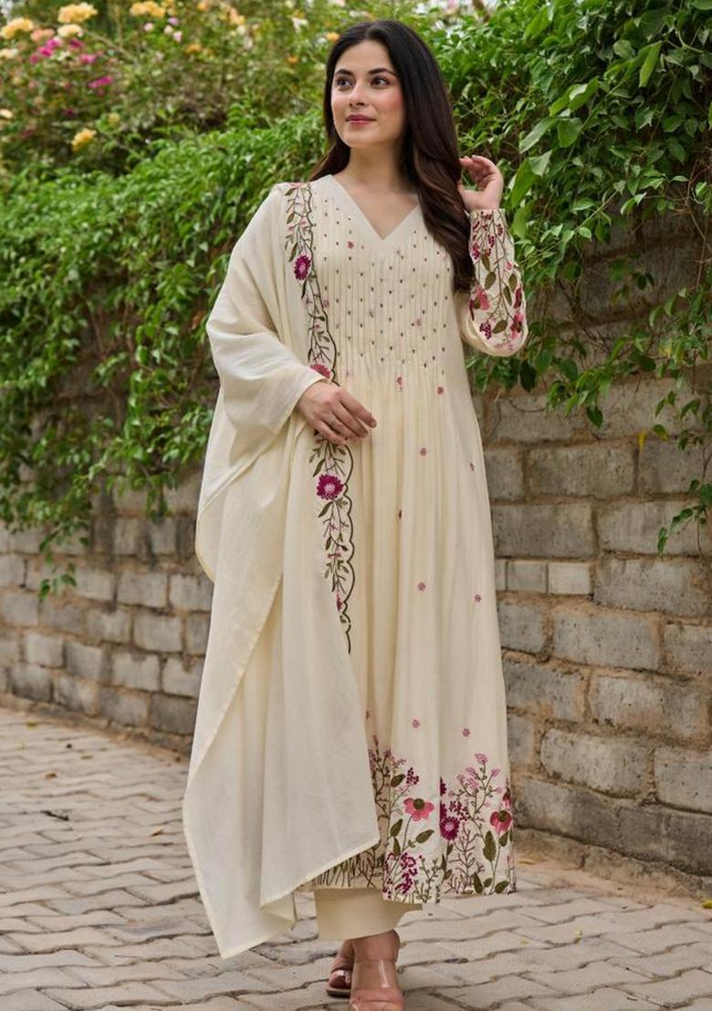 Cream Sequence Chanderi Kurta Set - Indya