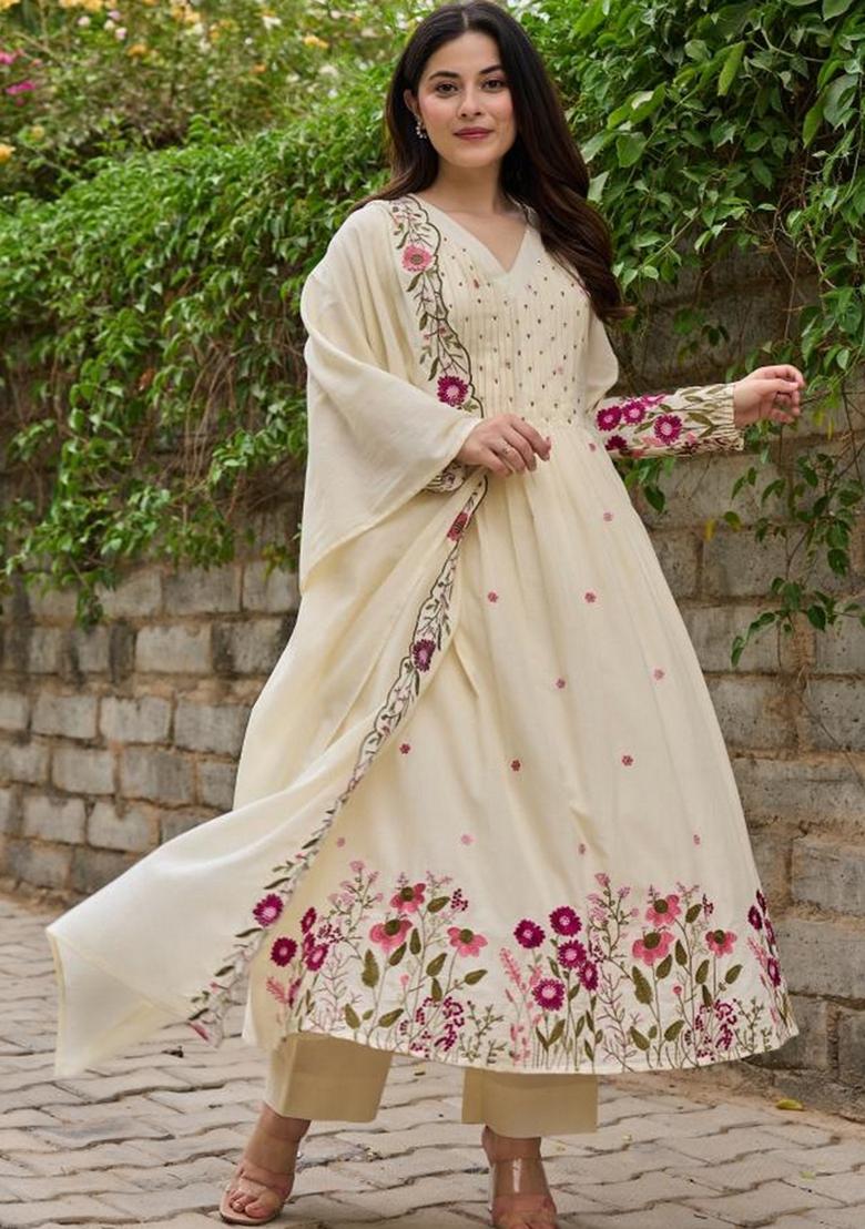 Cream Sequence Chanderi Kurta Set - Indya