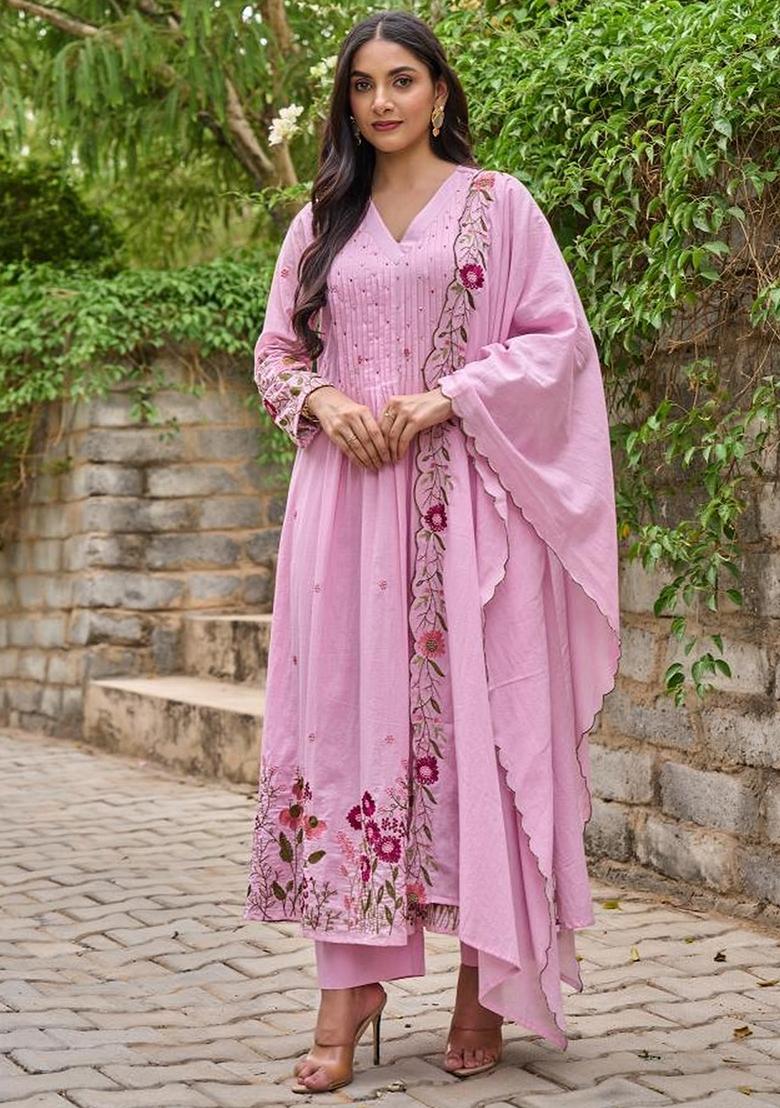 Pink Sequence Chanderi Kurta Set - Indya