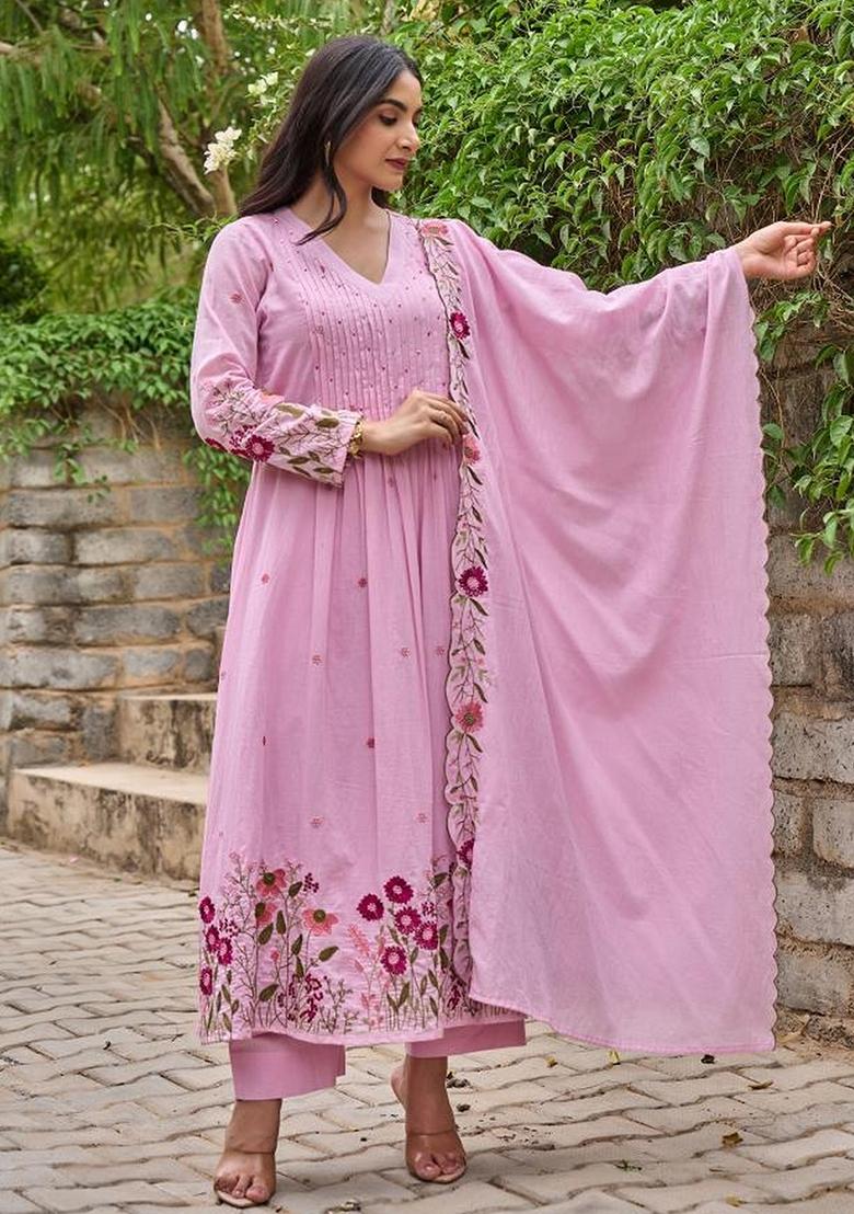 Pink Sequence Chanderi Kurta Set - Indya
