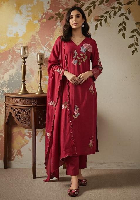 Maroon Sequence Chanderi Kurta Set