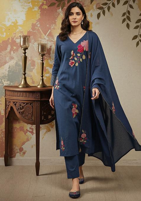 Blue Sequence Chanderi Kurta Set