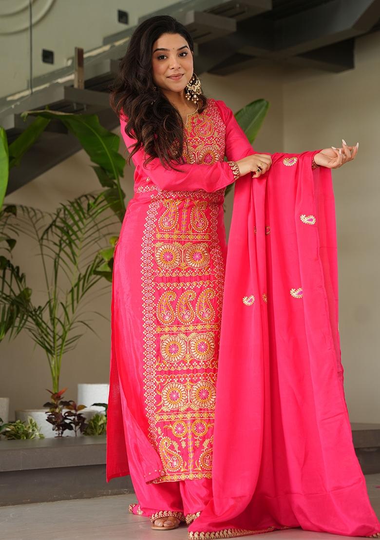 Red Embroidery Tissue Kurta Set - Indya