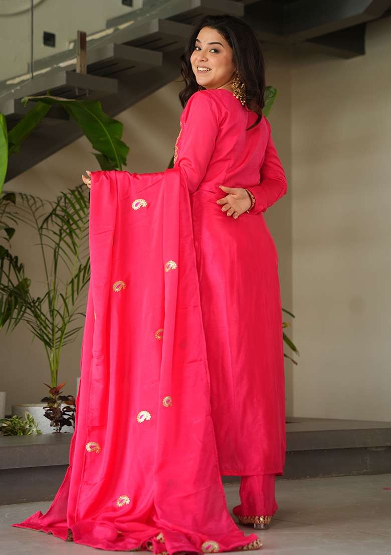 Red Embroidered Tissue Straight Kurta Set - Indya