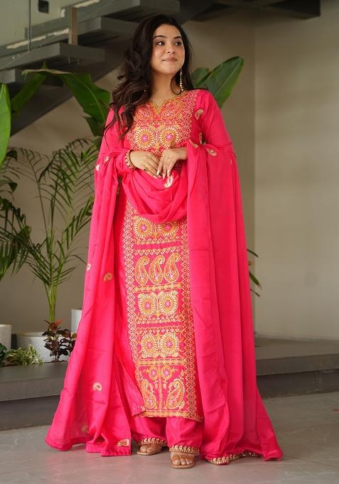 Red Embroidery Tissue Kurta Set