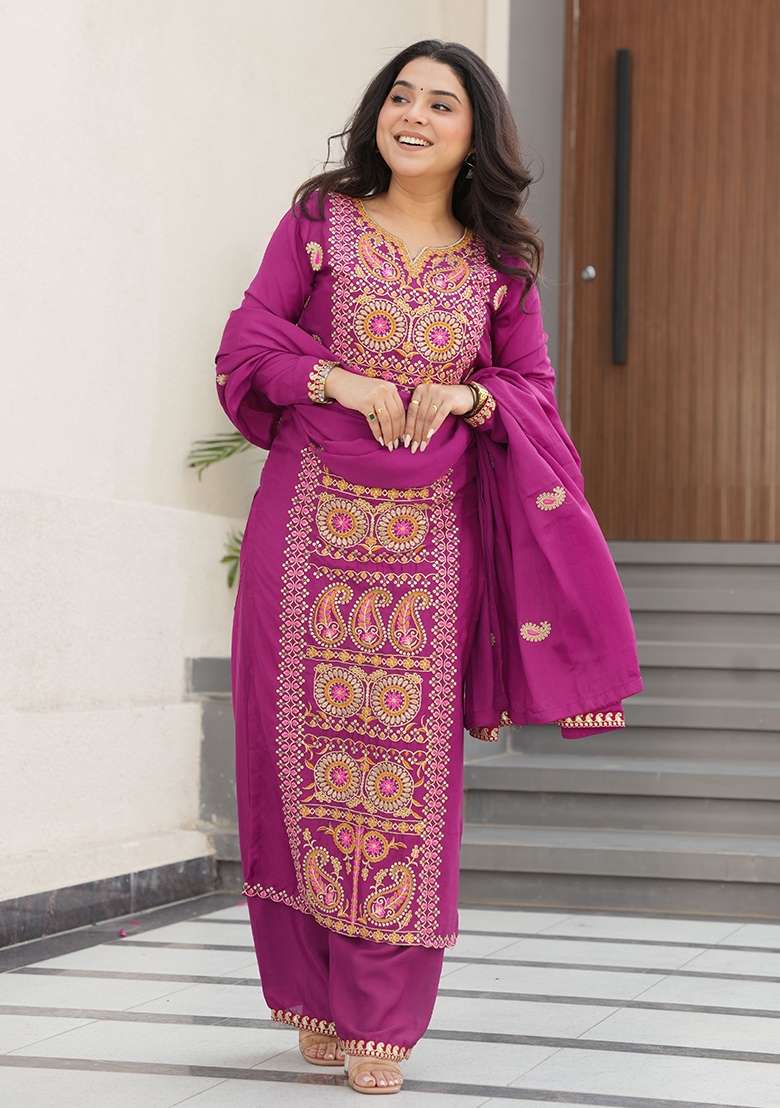 Magenta Embroidered Tissue Straight Kurta Set - Indya