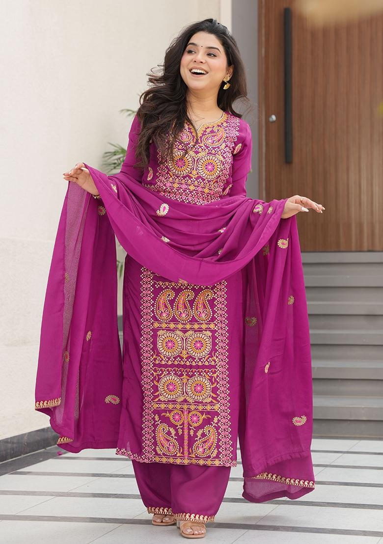 Magenta Embroidery Tissue Kurta Set - Indya