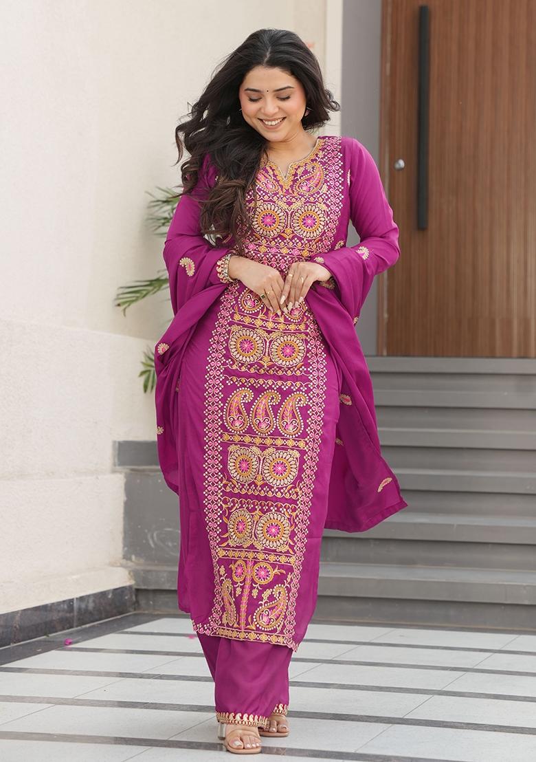 Magenta Embroidery Tissue Kurta Set - Indya