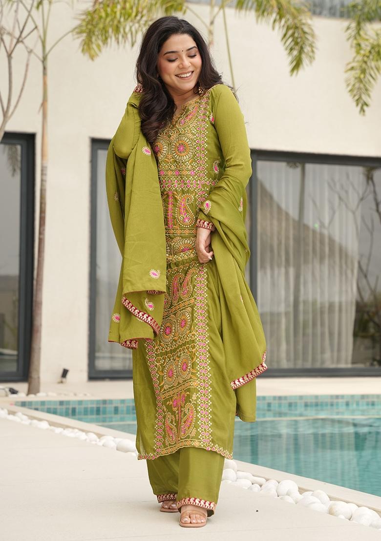 Green Embroidery Tissue Kurta Set - Indya
