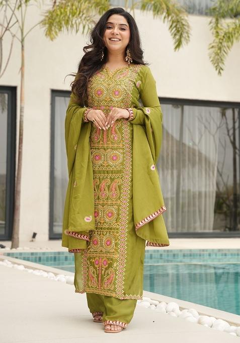 Green Embroidery Tissue Kurta Set