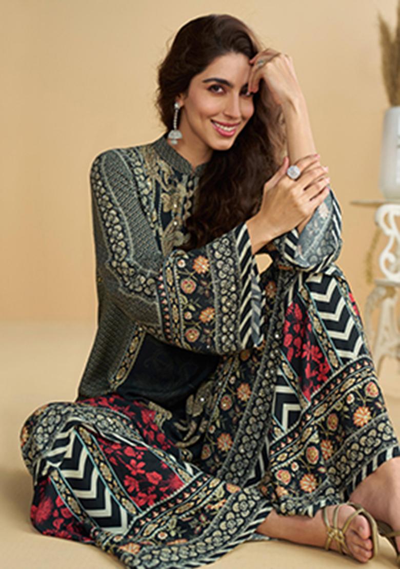 Black Printed Crepe Kurta Set - Indya