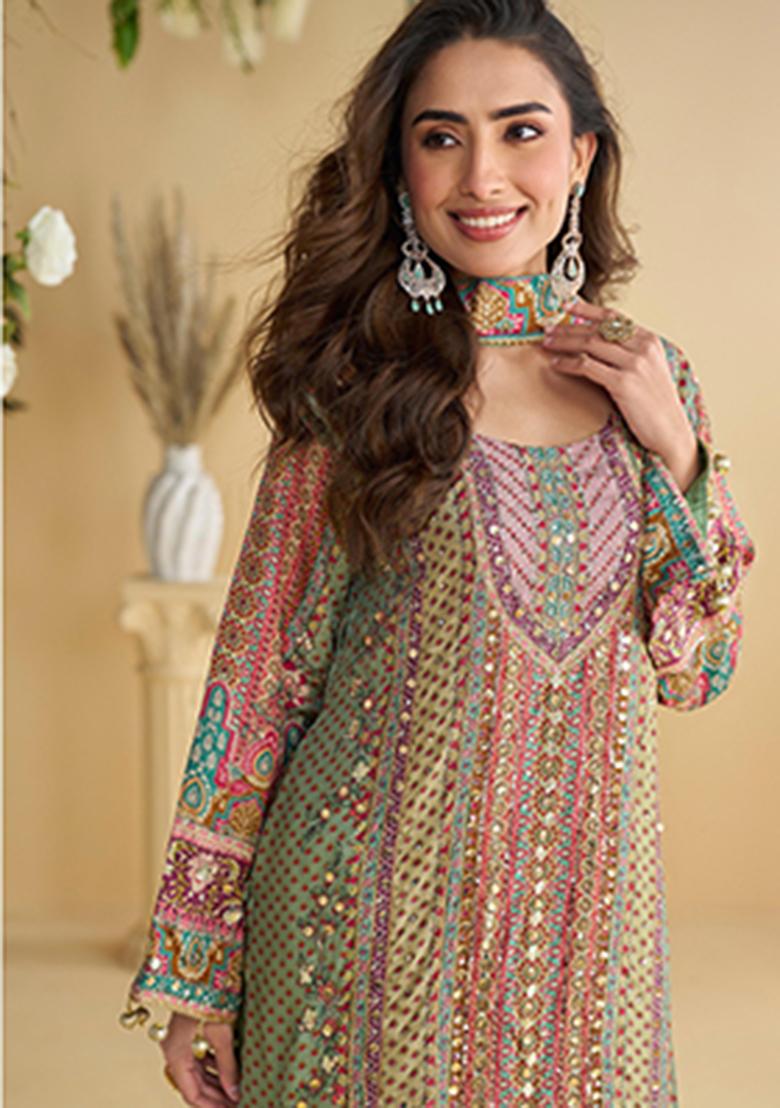 Green Printed Crepe Kurta Set - Indya