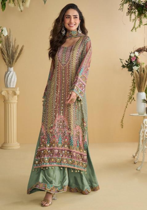 Green Printed Crepe Kurta Set