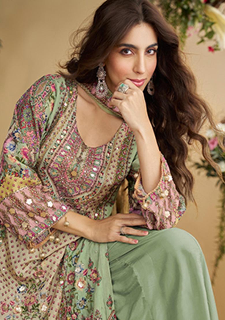 Green Printed Crepe Kurta Set - Indya