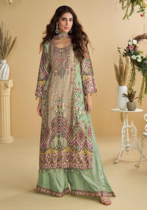 Green Printed Crepe Kurta Set