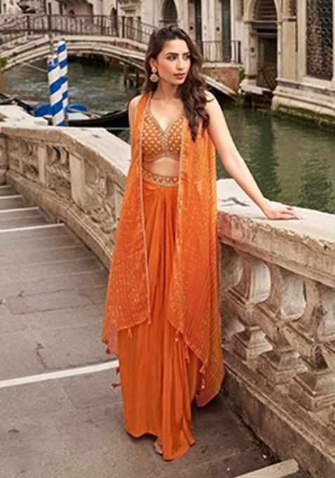 Orange Embroidery Silk Kurta Set