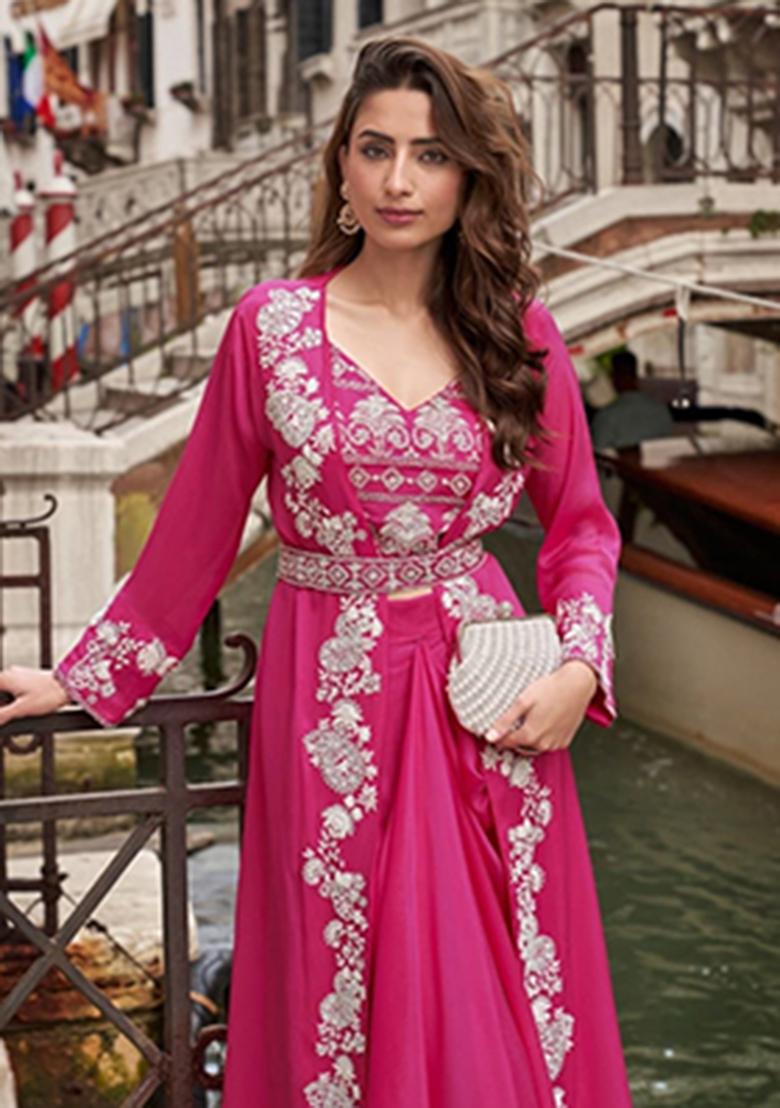 Magenta Embroidery Silk Kurta Set - Indya